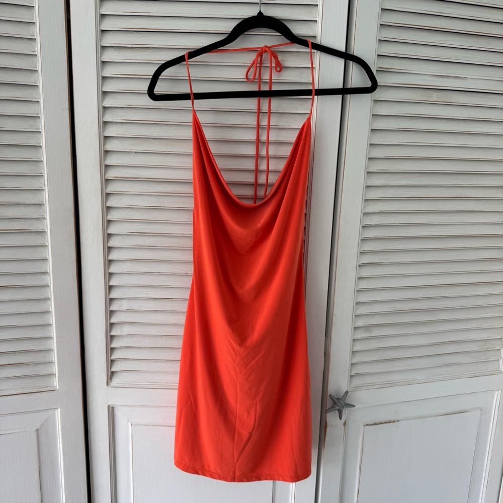 Orange Cowl Neck Low Back Dress - Women's